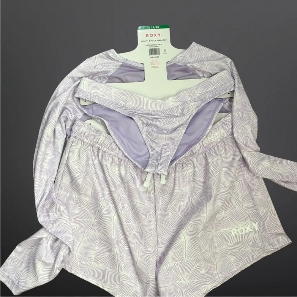 New! Roxy Youth 3-piece Swim Set Light Purple Girls Sz XL 18/20 UPF 50